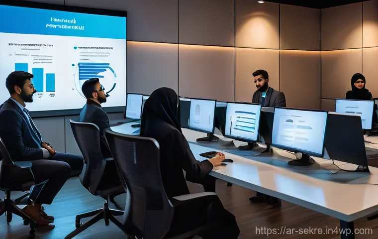 사이버보안 관리 체계 구축을 위한 단계별 가이드 - A diverse group of young and experienced Arab cybersecurity professionals, including men and women d...