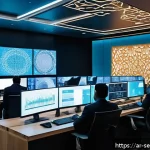 Home 21 사이버 위협 인텔리전스의 활용 방안 - A high-tech cybersecurity operations center in a modern Middle Eastern office setting, featuring div...