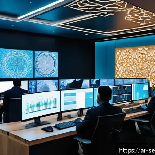 Home 33 사이버 위협 인텔리전스의 활용 방안 - A high-tech cybersecurity operations center in a modern Middle Eastern office setting, featuring div...