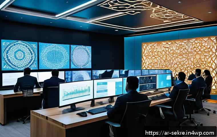 사이버 위협 인텔리전스의 활용 방안 - A high-tech cybersecurity operations center in a modern Middle Eastern office setting, featuring div...