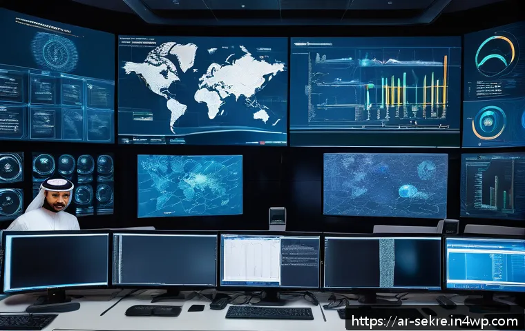 사이버 보안 위협 대응에 대한 이해관계자 협력 - A modern corporate cybersecurity operations center in a Middle Eastern setting, featuring a diverse ...