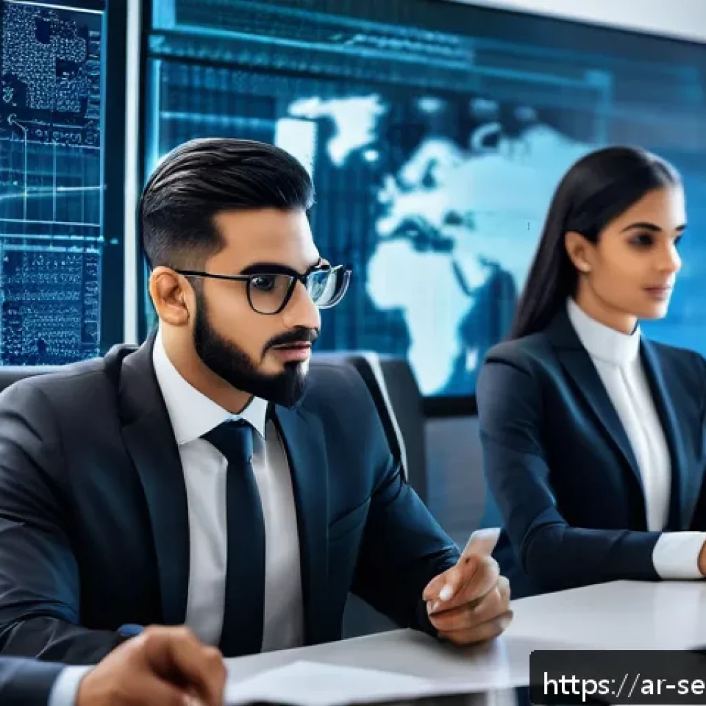 사이버 보안 정책 및 절차의 주기적 검토 - A modern Middle Eastern corporate office scene featuring a diverse team of cybersecurity professiona...