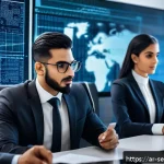 Home 19 사이버 보안 정책 및 절차의 주기적 검토 - A modern Middle Eastern corporate office scene featuring a diverse team of cybersecurity professiona...