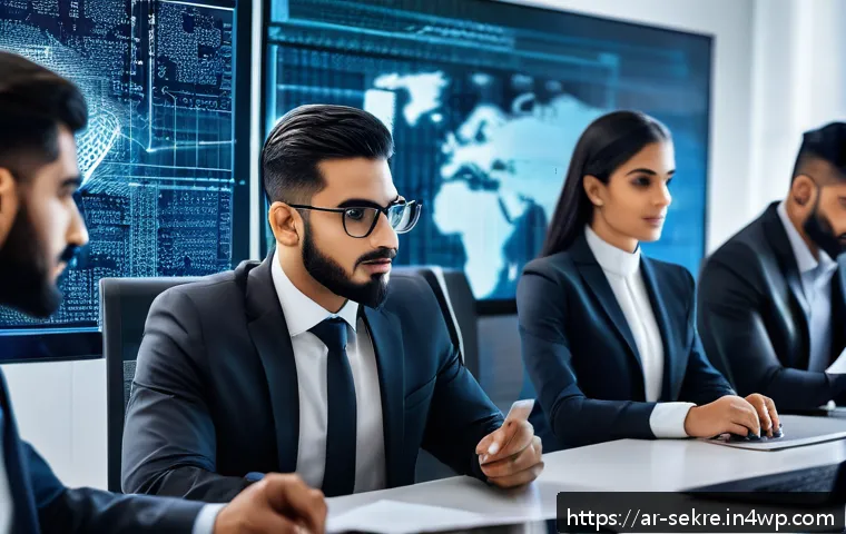 사이버 보안 정책 및 절차의 주기적 검토 - A modern Middle Eastern corporate office scene featuring a diverse team of cybersecurity professiona...