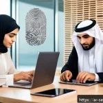 Home 23 사이버위협 대응을 위한 기술적 해결책 - A modern Middle Eastern office setting with diverse Arab professionals using multi-factor authentica...