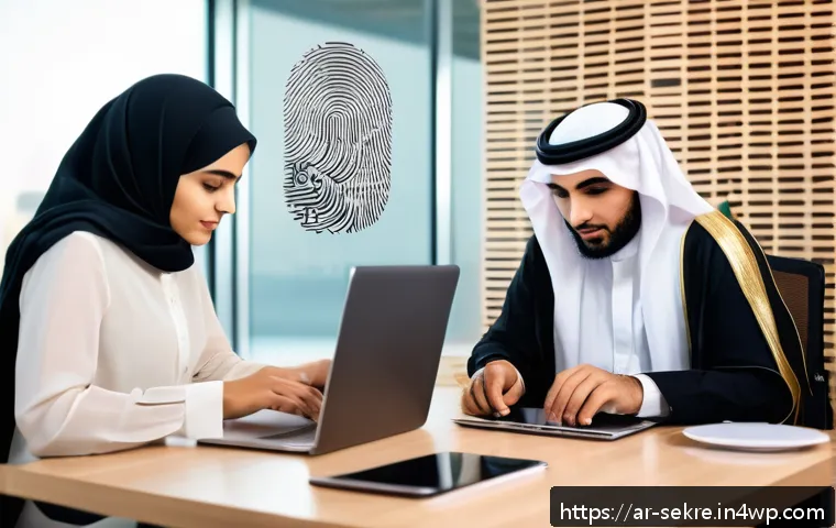 사이버위협 대응을 위한 기술적 해결책 - A modern Middle Eastern office setting with diverse Arab professionals using multi-factor authentica...